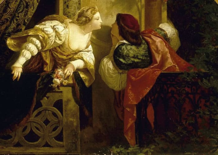 Imagem de pintura sobre óleo retratando o casal Romeu e Julieta separados em varandas contíguas e indo uma ao encontro do outro