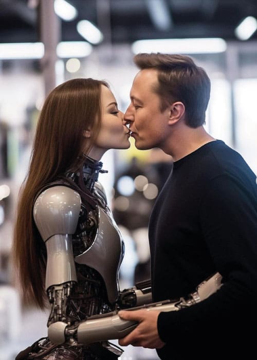 imagem gerada por inteligencia artificial exibindo um homem beijando uma robot humanoide1 Detecção de Inteligência Artificial em Tempos de Avanço Tecnológico